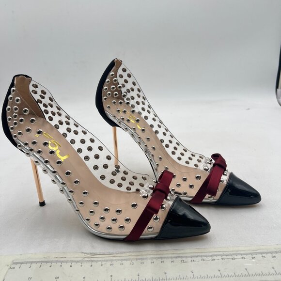 FSJ Black Studded Pointed Toe Transparent Pump High Heel Shoes with Cute Bowknot - Picture 4 of 8